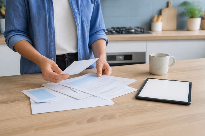 Household bills and correspondence being reviewed on a kitchen counter