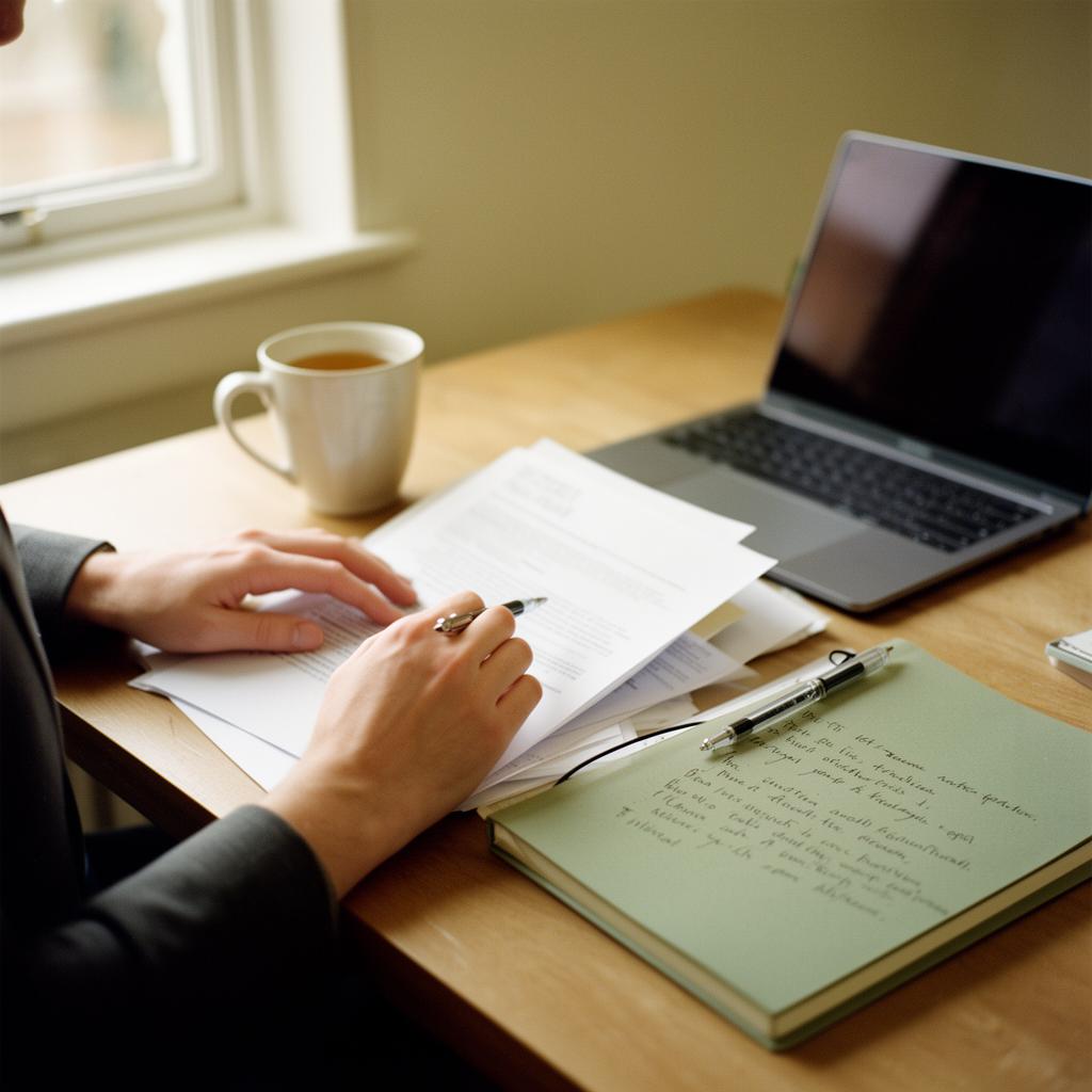 A UK specialist reviewing household paperwork at a desk